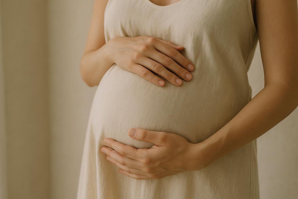 Close-up of a pregnant woman's hands tenderly caressing her baby bump, emphasizing maternity and anticipation.
