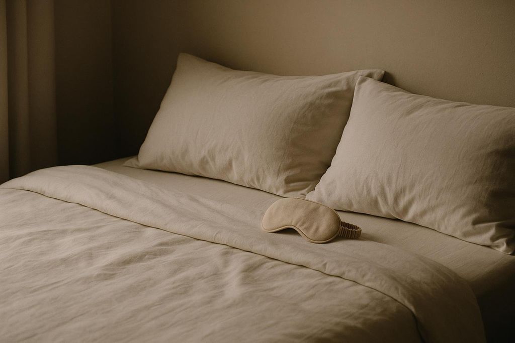 A beige sleep mask rests on a neatly made bed with light-colored pillows and duvet in a dimly lit room, suggesting a peaceful, restful atmosphere.
