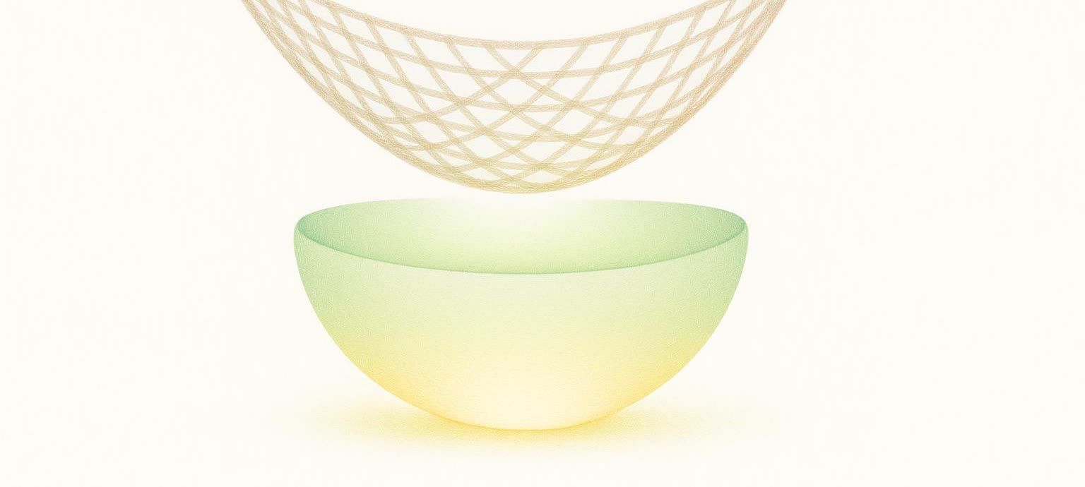 An abstract 3D illustration featuring a translucent light green and yellow bowl positioned beneath a beige, flexible, netted hammock-like structure.