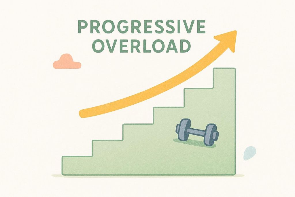 An illustration of a green staircase with an orange upward arrow representing steps of progressive overload in strength training with a gray dumbbell on the lowest step.