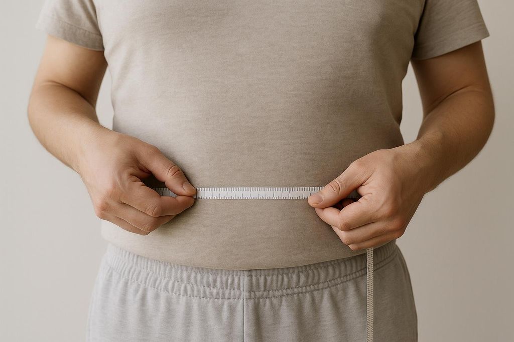 Person correctly measuring their waist circumference with a tape measure at navel level.