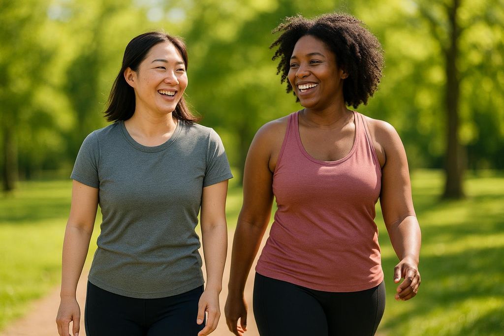 Two smiling women, one Asian and one Black, walk side-by-side in a sunny park wearing athletic tops and black leggings. They appear to be enjoying a casual stroll or light exercise.