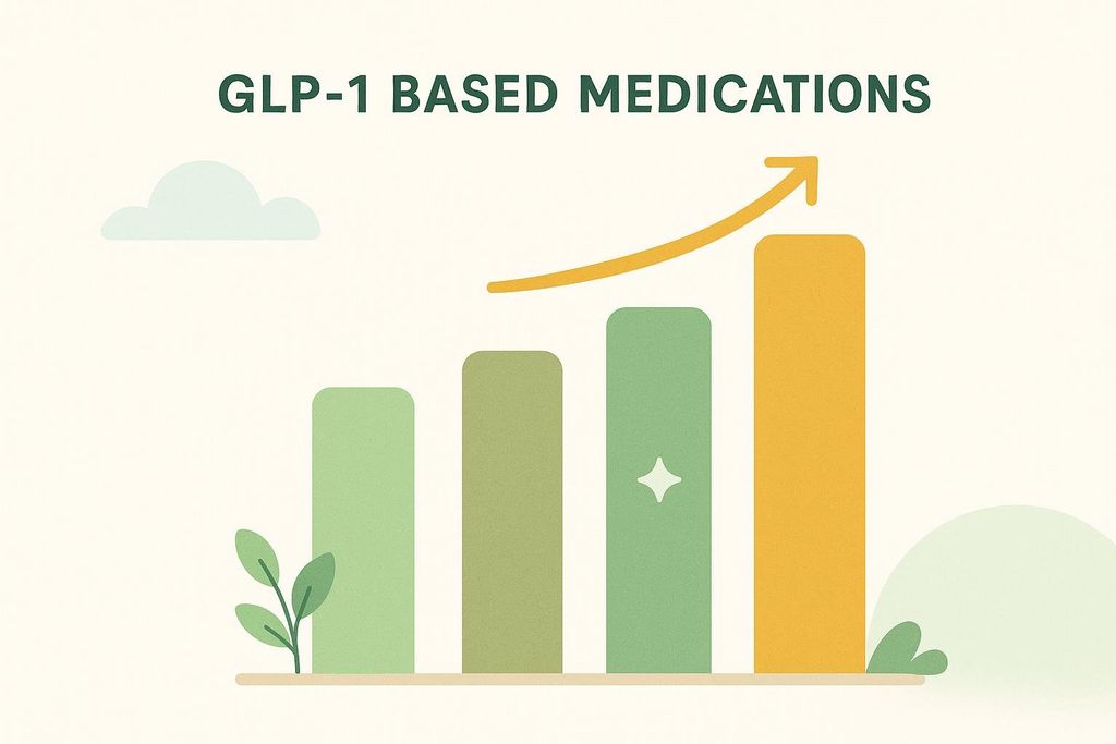 An abstract illustration of a bar chart showing increasing effectiveness of GLP-1 based medications, with a rising arrow above the bars.