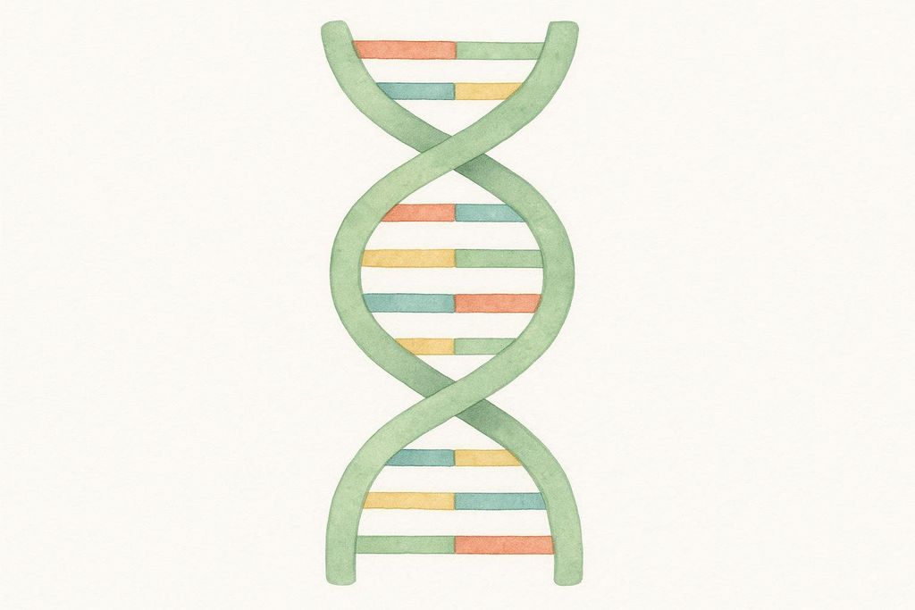 A soft watercolor illustration of a DNA double helix, with light green sugar-phosphate backbone and colorful base pairs in shades of salmon, light blue, and yellow-orange, set against a white background.