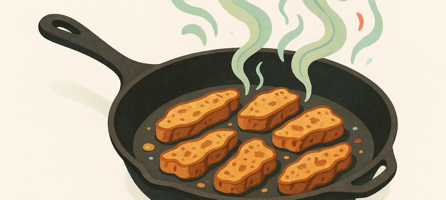 Illustration of six pieces of seitan sizzling in a black cast iron skillet, with steam rising from them.
