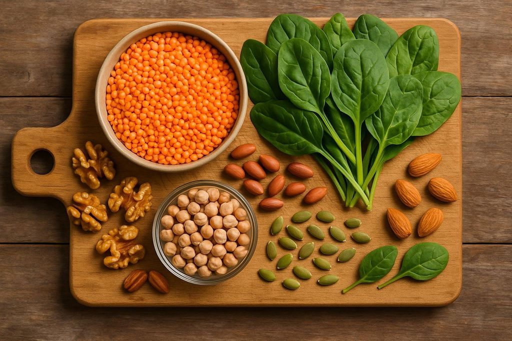 A cutting board displays various plant-based nutrient-rich foods including a bowl of red lentils, a bunch of fresh spinach, walnuts, chickpeas, almonds, and pumpkin seeds on a wooden table.