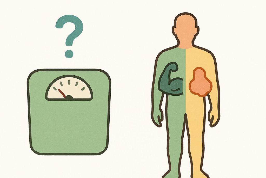 An illustration showing a green weight scale with a question mark above it, contrasting with a depiction of a human body split into green (muscle represented by a flexing arm) and yellow (fat represented by an amorphous blob) sections. This image highlights the difference between a simple weight measurement and a detailed body composition analysis regarding muscle and fat.