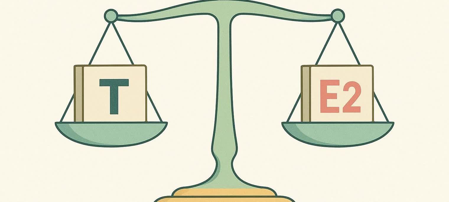 A balanced scale holding blocks labeled 'T' for Testosterone and 'E2' for Estradiol, symbolizing the importance of hormonal balance.