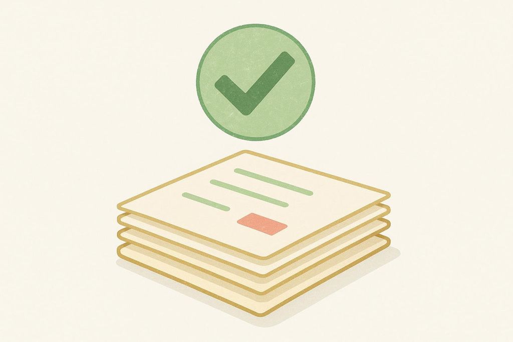 An illustration showing a stack of documents with a green checkmark icon floating above them, indicating approval or completion.