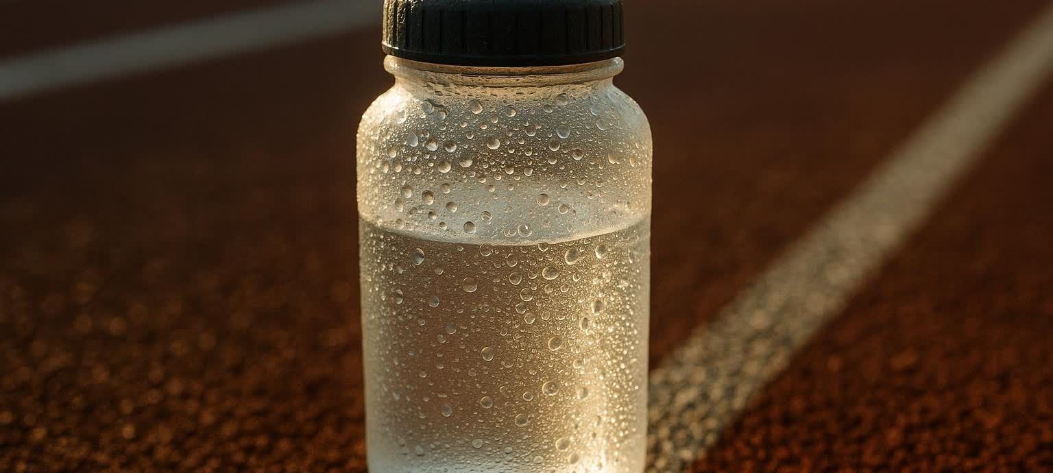 Close-up of a sports water bottle with condensation on a track