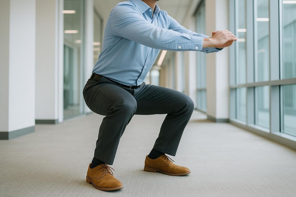 A person in a light blue shirt and dark grey pants doing a squat in an office hallway with large windows. This illustrates a quick movement break to boost alertness.