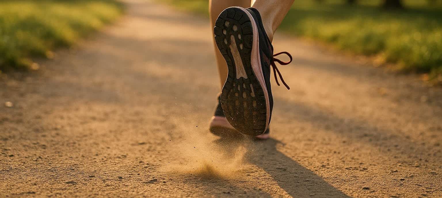 Close-up of a running shoe in motion on a sunny path, with dust kicking up from the ground.