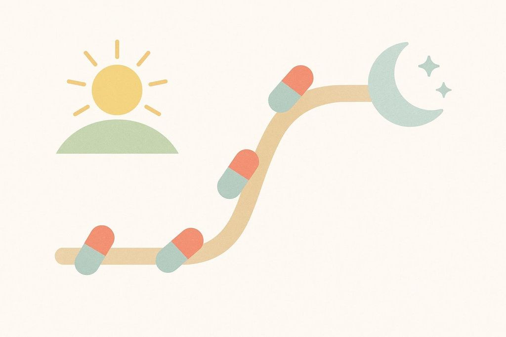 Abstract illustration showing a curved path from a sun icon to a moon icon with four pills on the path, representing a gradual shift in medication timing from day to night.