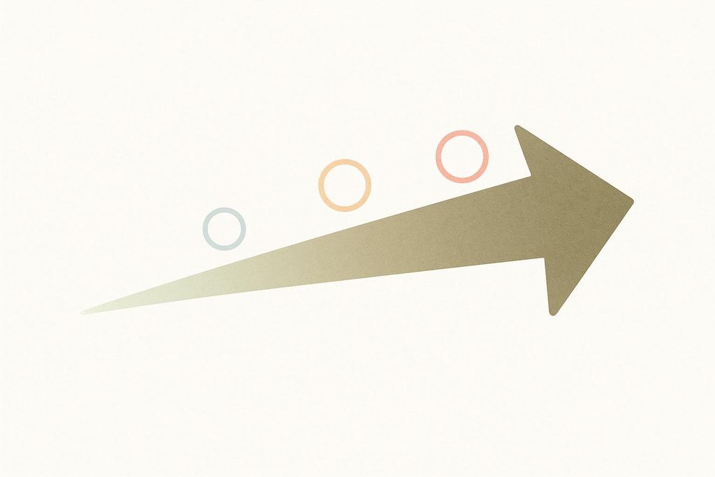 A cream-colored upward-pointing arrow representing progression. It starts narrow and light, gradually widening and darkening. Three different colored circles (light blue, orange, and light red) are positioned above the arrow along its path, indicating stages or markers.