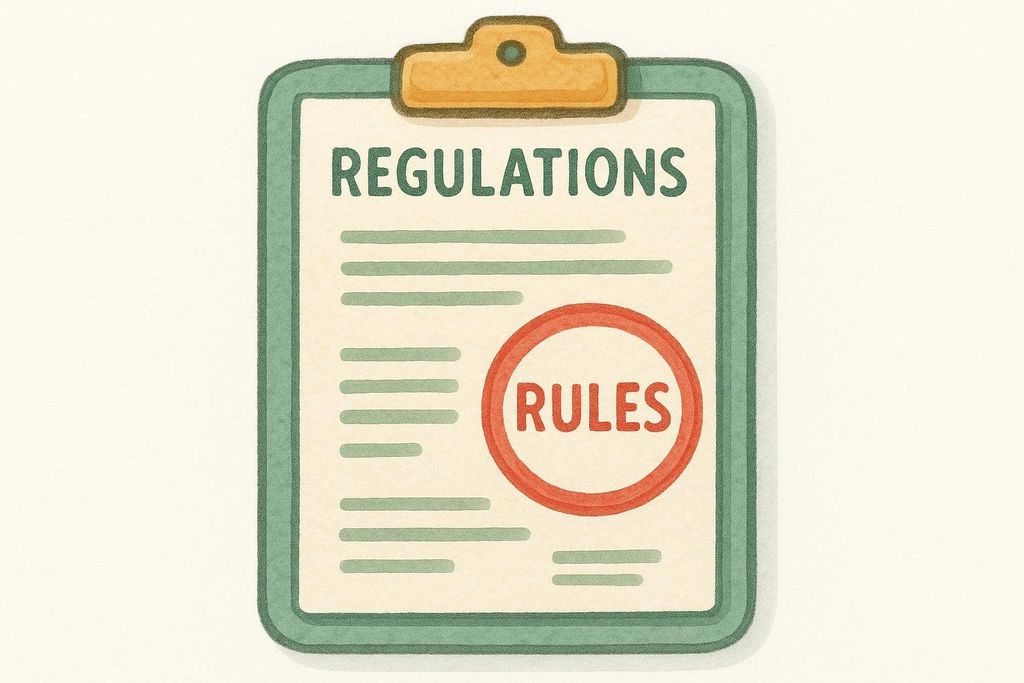 An illustration of a clipboard with a document titled 'REGULATIONS' and a red circular stamp over it that says 'RULES'.