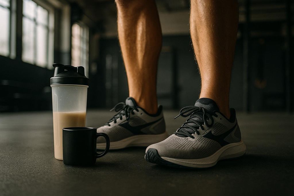 A person wearing running shoes stands in a gym next to a shaker bottle and a coffee cup, illustrating beverage choices for fitness.