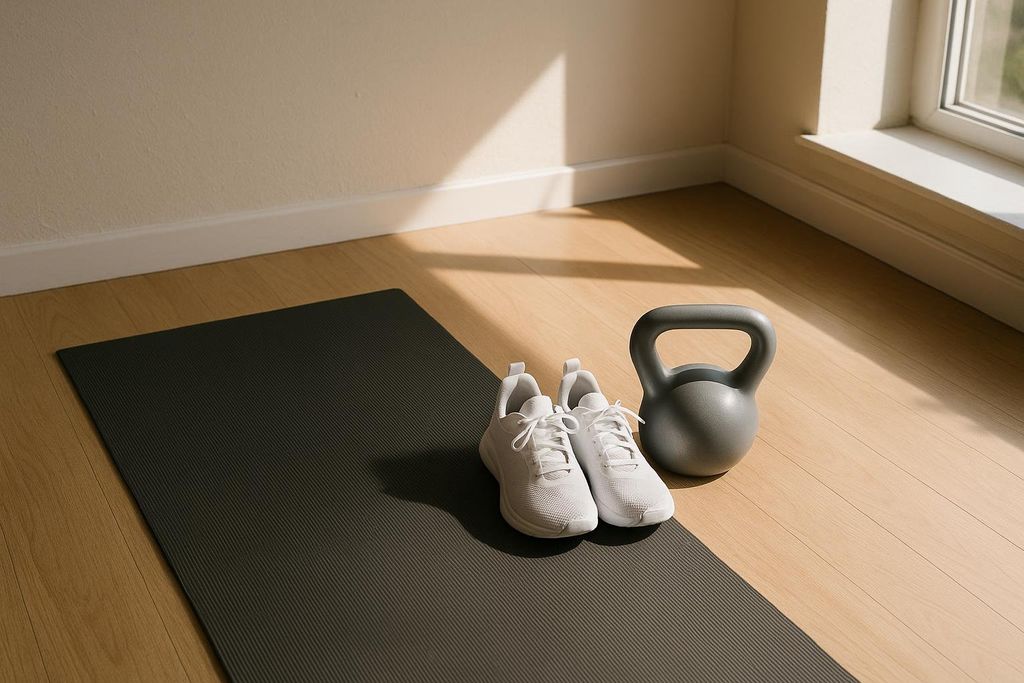 A minimal home workout setup including a black yoga mat, white athletic shoes, and a grey kettlebell on a light wood floor. Sunlight streams in from a window on the right, casting shadows on the floor and wall.