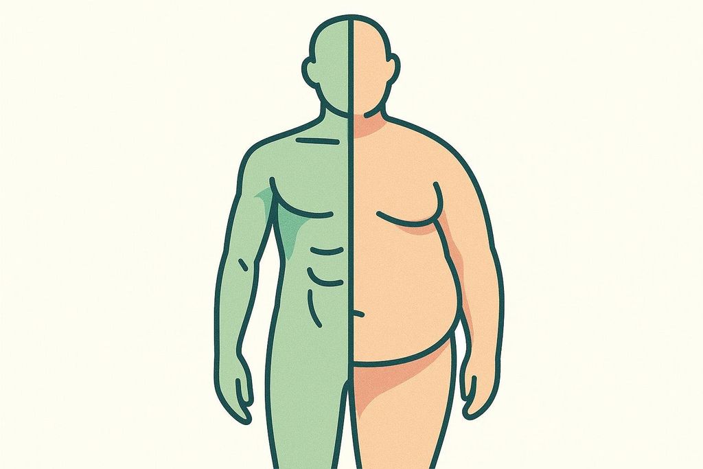 Abstract illustration showing the difference between muscle mass and body fat on a human silhouette, with one side depicting a muscular physique in green and the other a body with more fat in orange.