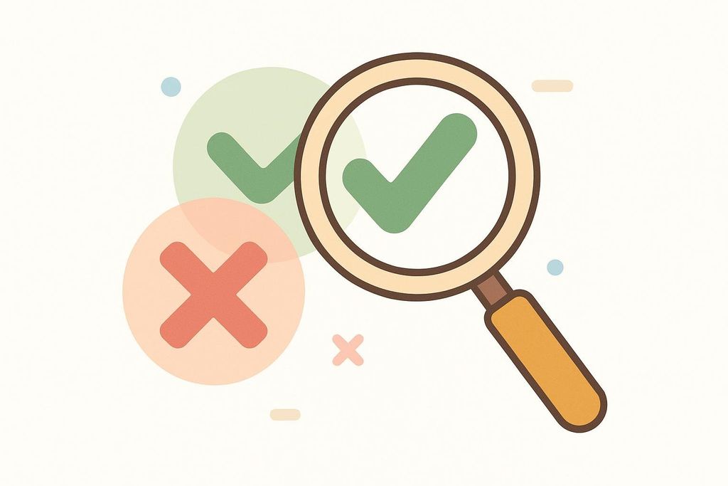 Checkmarks and crosses under a magnifying glass