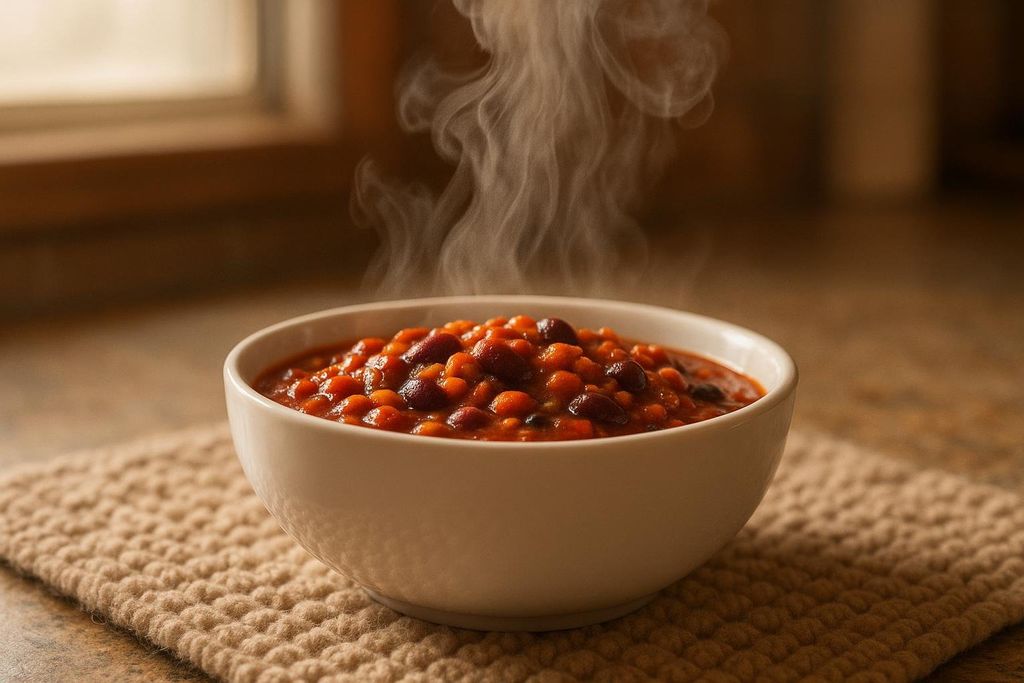 A white bowl filled with steaming vegetarian chili, featuring red and kidney beans in a rich tomato-based sauce, resting on a beige knitted placemat. The background is a soft, blurry image of a window frame.