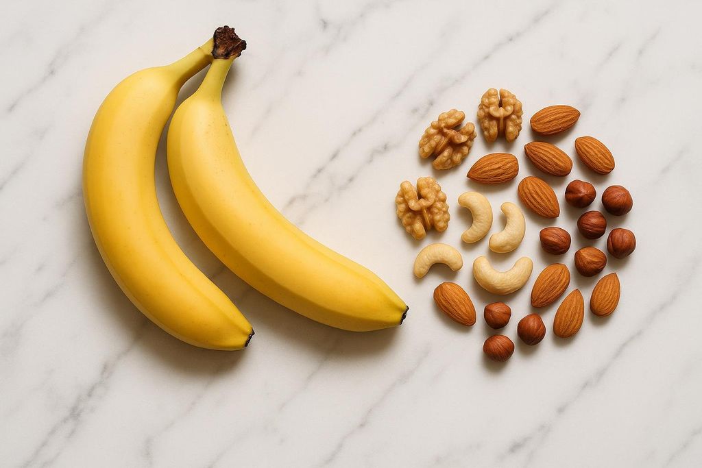 Two ripe yellow bananas next to a variety of mixed nuts, including walnuts, almonds, cashews, and hazelnuts, all arranged on a white marble surface.