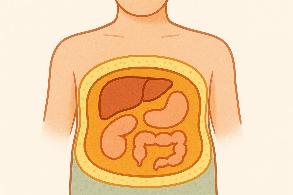 Illustration comparing subcutaneous fat, shown under the skin, and visceral fat, shown around organs, in a cross-section of a torso.