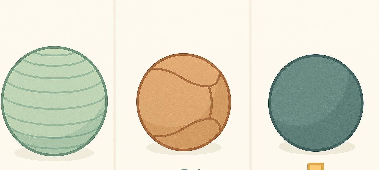 Illustration showing the three main types of exercise balls: a green stability ball for balance, a brown medicine ball for rotation, and a dark teal slam ball for power.