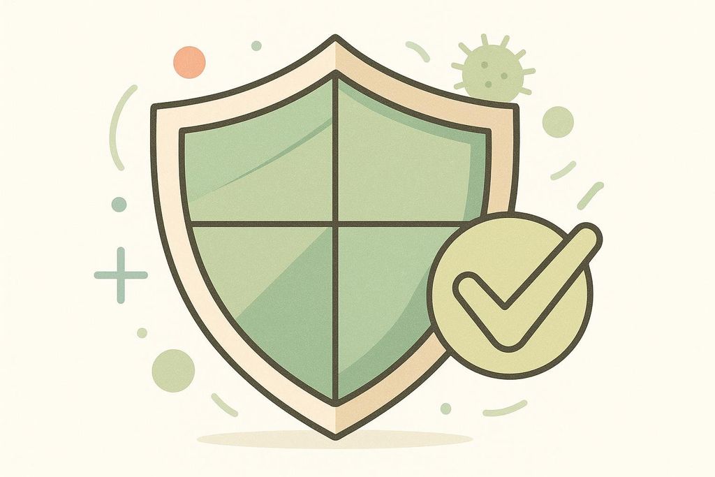 A cartoon shield icon, colored green and tan, with a green checkmark over the bottom right corner. A stylized virus graphic is visible behind the top right of the shield, and health-related icons like a plus sign and dots are scattered around the shield.
