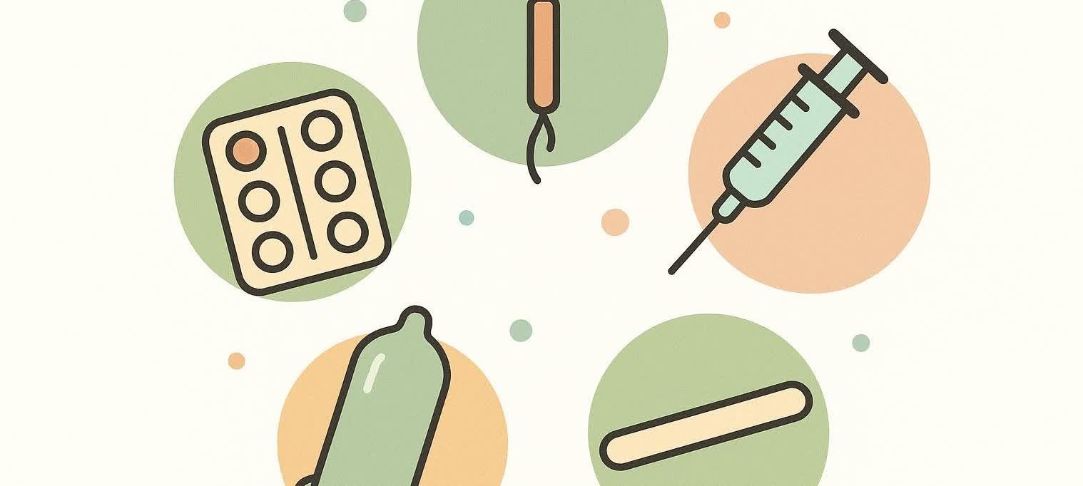 An image with several icons representing different birth control methods against a pale background. These include a pill pack, an IUD, a syringe (for injections), a condom, and a hormonal implant.
