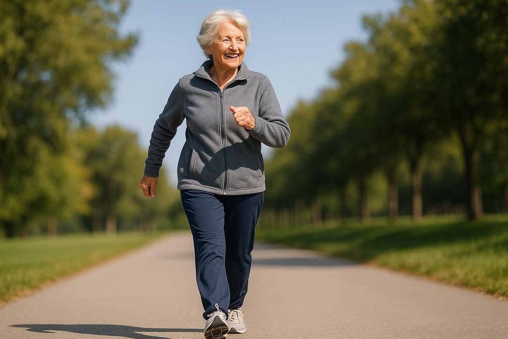 A smiling senior woman with short white hair wearing a grey jacket and dark pants, actively walking on an paved path outdoors with green trees and grass in the background.
