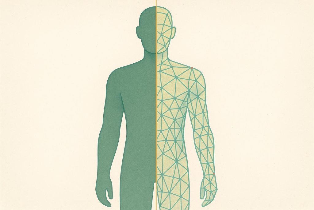 An illustration of a human torso, split vertically down the middle. The left half is a solid teal shape, while the right half is a teal wireframe over a yellow background, showing the polygonal structure like a 3D model. A vertical yellow line separates the two halves.