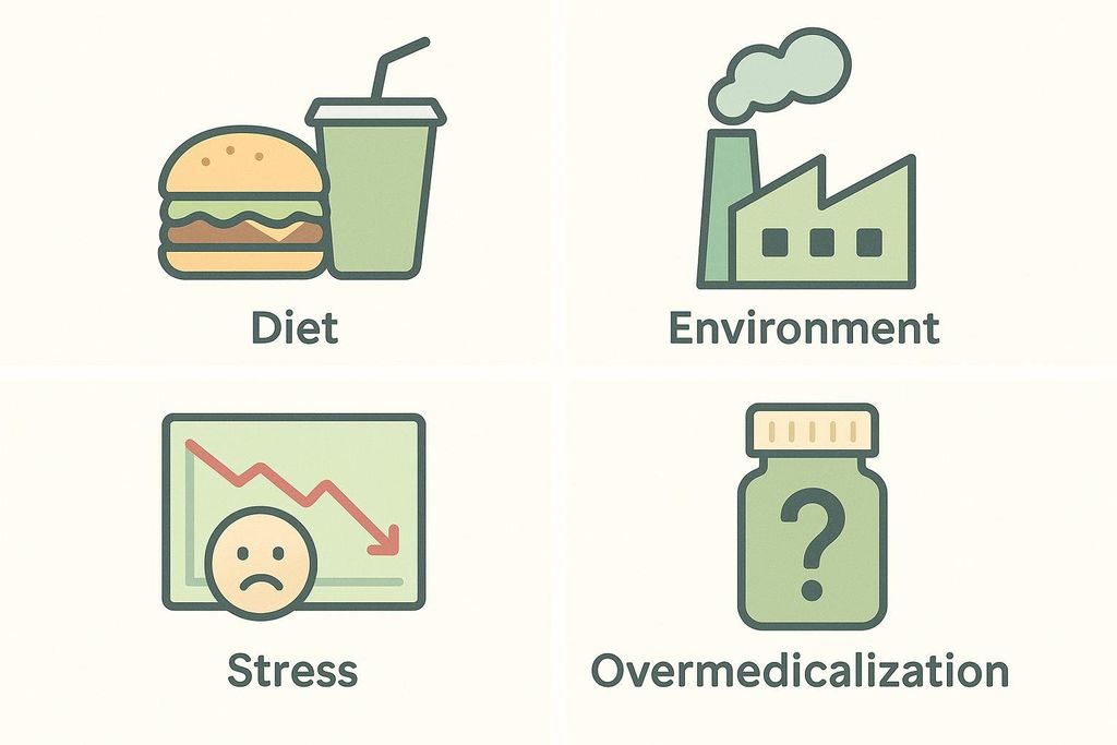 An infographic with four green icons representing drivers of chronic disease: a hamburger and soda for 'Diet', a factory with smoke for 'Environment', a sad face over a downward trending graph for 'Stress', and a pill bottle with a question mark for 'Overmedicalization'.