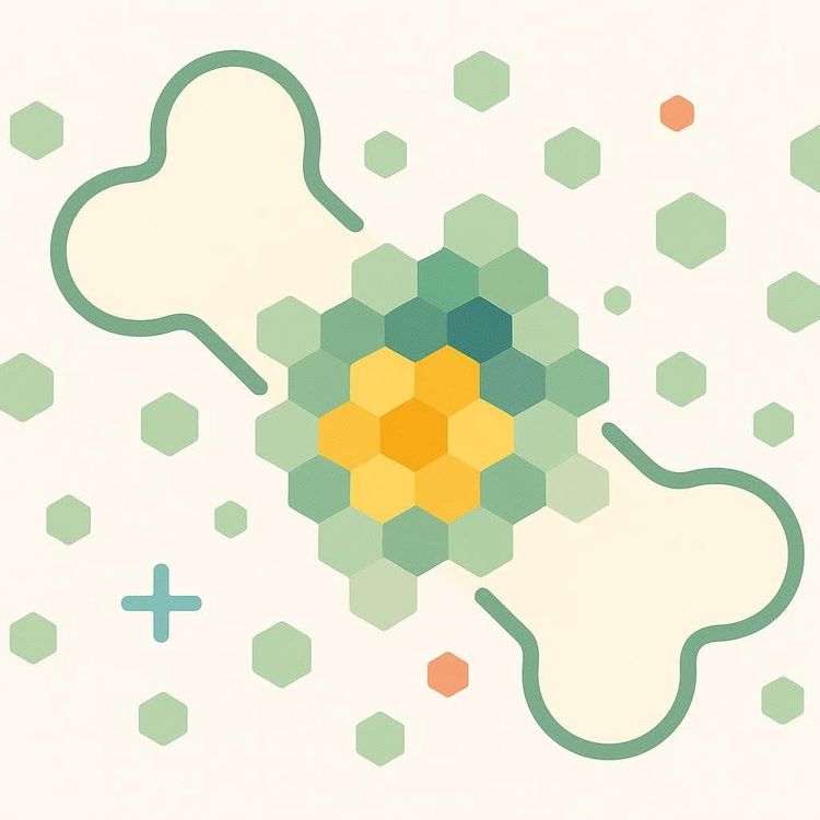 A stylized illustration of a bone with a hexagonal pattern in the center, representing bone health. The hexagons are in shades of green and yellow, with some scattered around the bone. A blue plus sign and an orange hexagon are also visible.