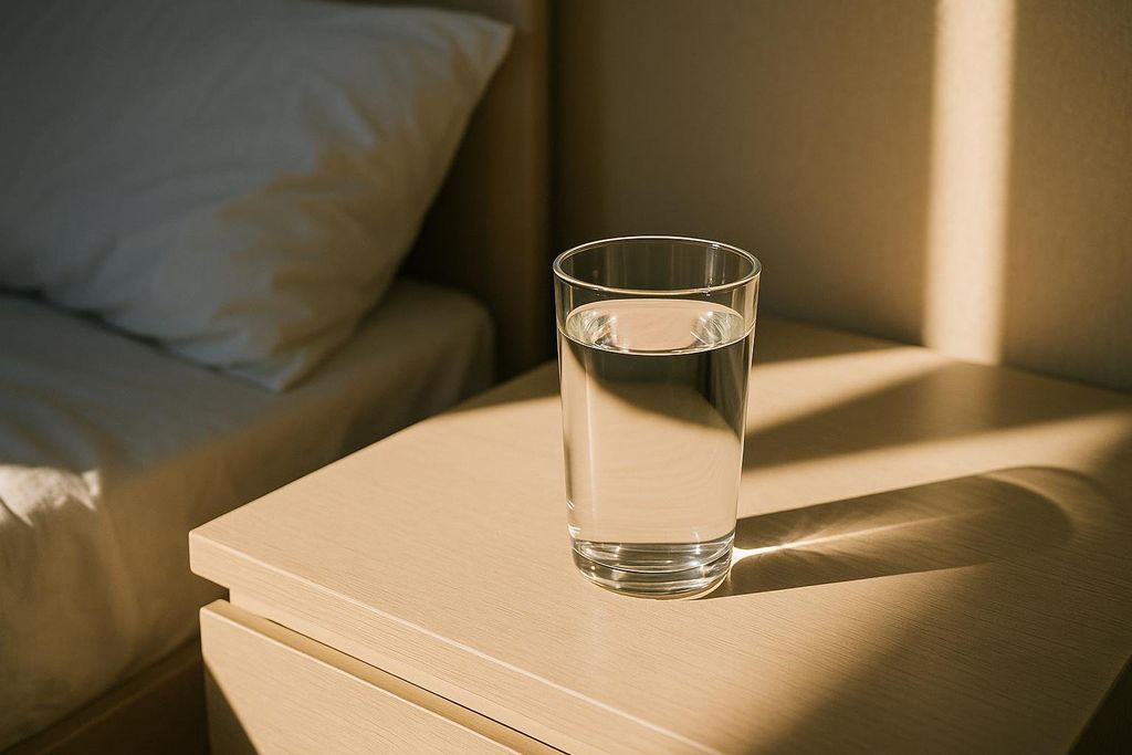 A clear glass of water sits on a light wooden bedside table next to a bed with a white pillow. Sunlight streams in from the right, casting warm shadows and highlights on the table and wall.