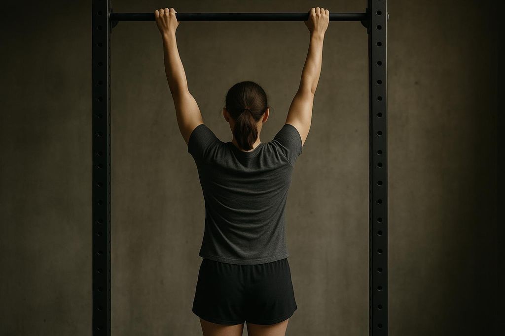 A female athlete viewed from behind decompressing their spine with a passive hang from a pull-up bar for post-workout recovery.