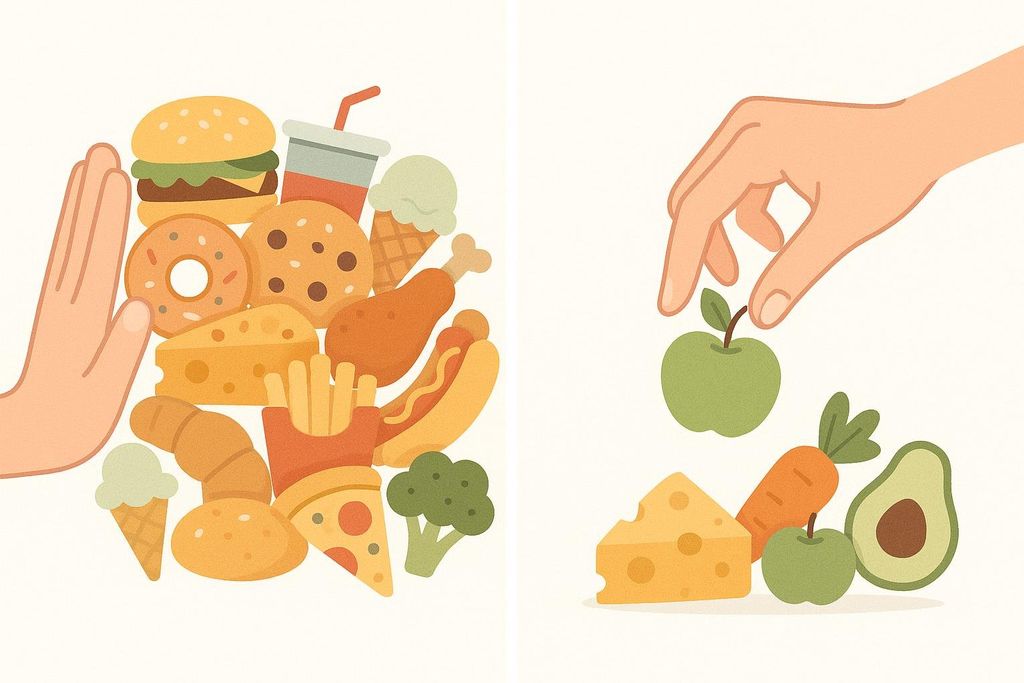 A two-panel illustration showing the low-FODMAP diet process: first, restricting many foods, and second, carefully reintroducing them one by one. The left panel shows a hand stopping a pile of various unhealthy foods like burgers, donuts, fries, and pizza. The right panel shows a hand placing an apple onto a small pile of healthy foods like cheese, carrots, and avocado.