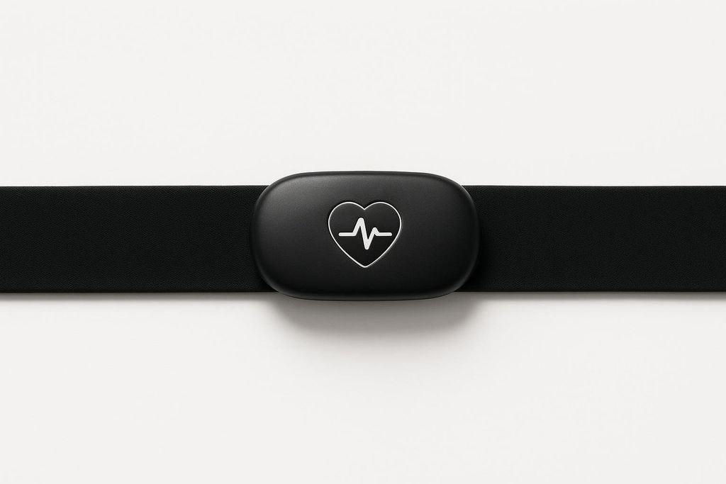 A black chest strap heart rate monitor with a white ECG waveform icon inside a heart shape on its front, laid flat against a clean white background.