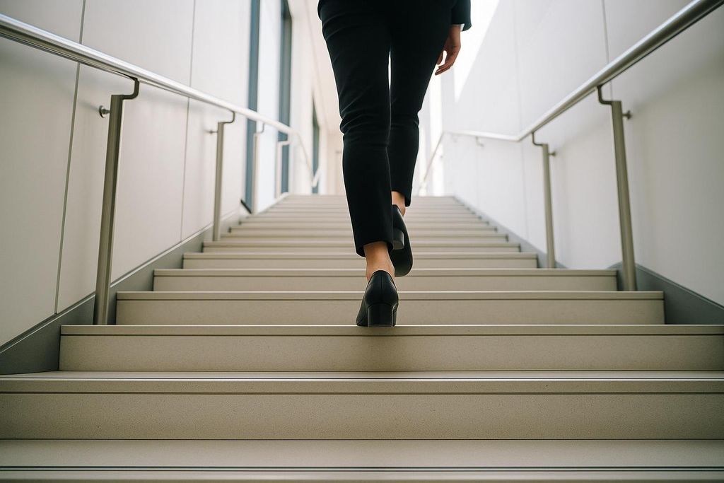 Low-angle view of a person's feet and legs in black pants and black heels ascending a modern staircase with silver handrails.