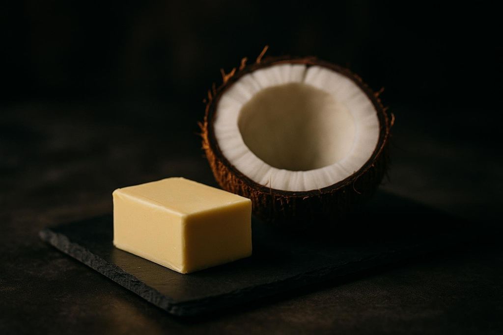 A block of butter on a dark slate board, with a halved coconut in the background, representing saturated fats.