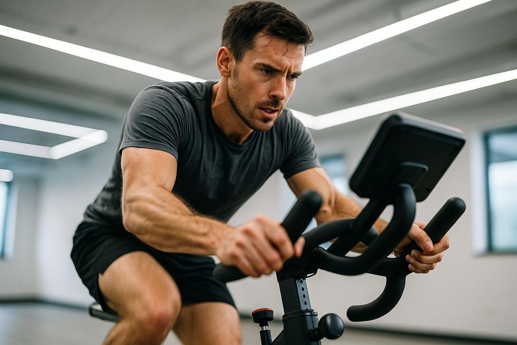 A man with a focused and determined expression vigorously exercising on a stationary bike in a brightly lit gym. His arms are flexed as he grips the handlebars, and his body shows effort.