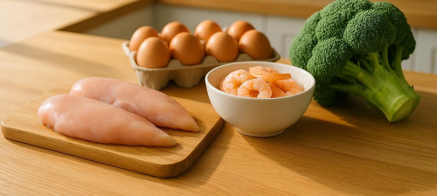 A spread of fresh high-protein ingredients including raw chicken breasts on a cutting board, a bowl of cooked shrimp, a carton of eggs, and a head of broccoli, all arranged on a wooden kitchen counter.