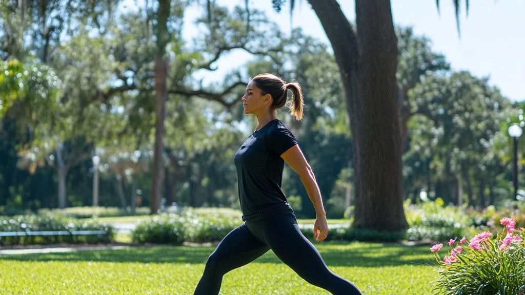 A woman in black leggings and a black shirt is holding a yoga pose in a park with trees and grass.