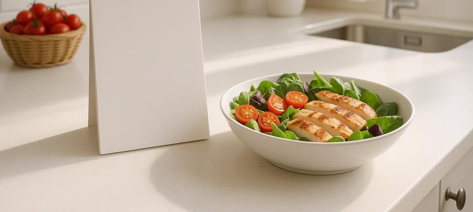A white bowl filled with grilled chicken strips, cherry tomatoes, and green leafy salad sits on a clean, white kitchen counter. A white sign stands vertically to the left of the bowl, and a basket of red cherry tomatoes is visible in the background.
