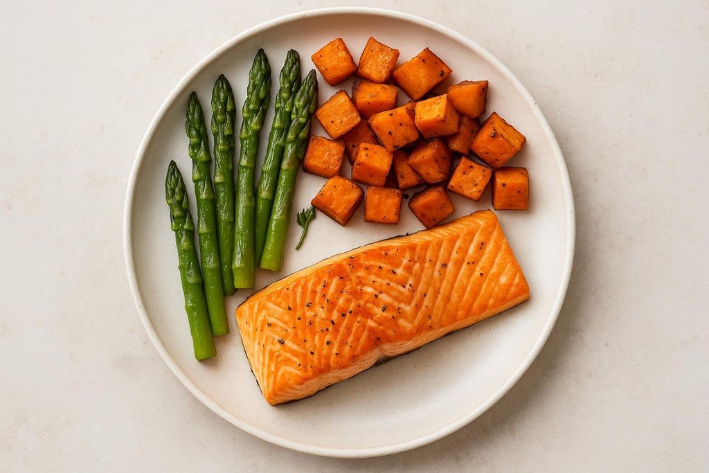 A balanced meal served on a white plate, featuring a seasoned fillet of cooked salmon, alongside roasted diced sweet potatoes and several stalks of green asparagus.