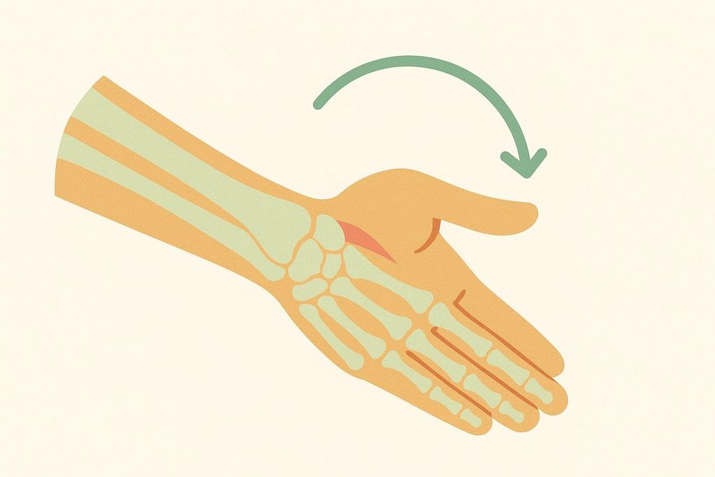 Illustration showing a hand with bones visible, where a green arrow indicates the thumb being bent towards the inner wrist. This represents a test for wrist or thumb flexibility.