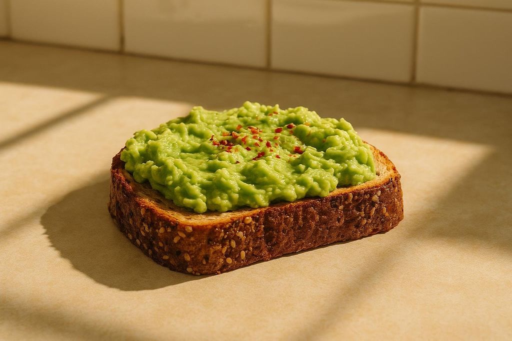A slice of whole-grain seeded toast, generously spread with mashed avocado and sprinkled with red chili flakes, illuminated by natural light.