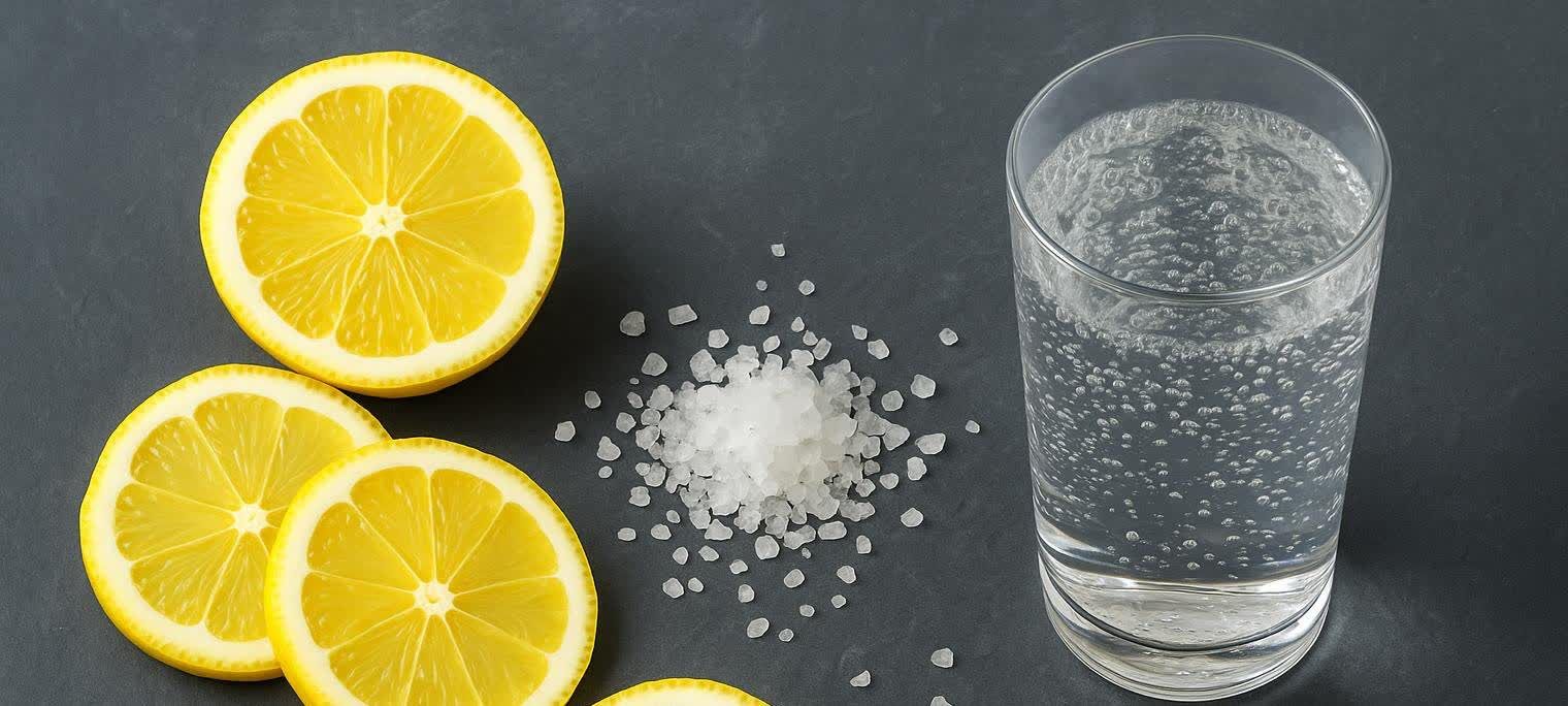 Three bright yellow lemon slices and a pile of white sea salt crystals are arranged on a dark gray surface, next to a clear glass filled with bubbling water.