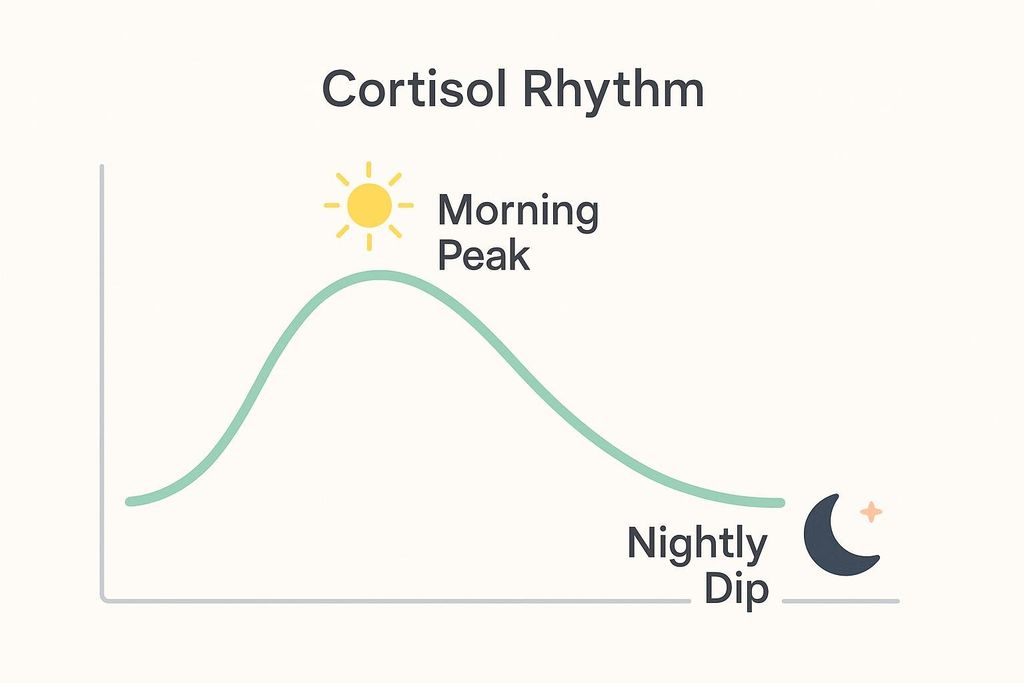 A light green curve on a simple graph showing the daily cortisol rhythm. The curve peaks in the morning, labeled 'Morning Peak' with a sun icon, and dips at night, labeled 'Nightly Dip' with a crescent moon and star icon. The title of the graph is 'Cortisol Rhythm'.