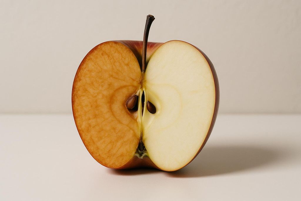 An apple cut in half, showcasing one side that has oxidized and turned brown, and the other side that remains fresh and light-colored.
