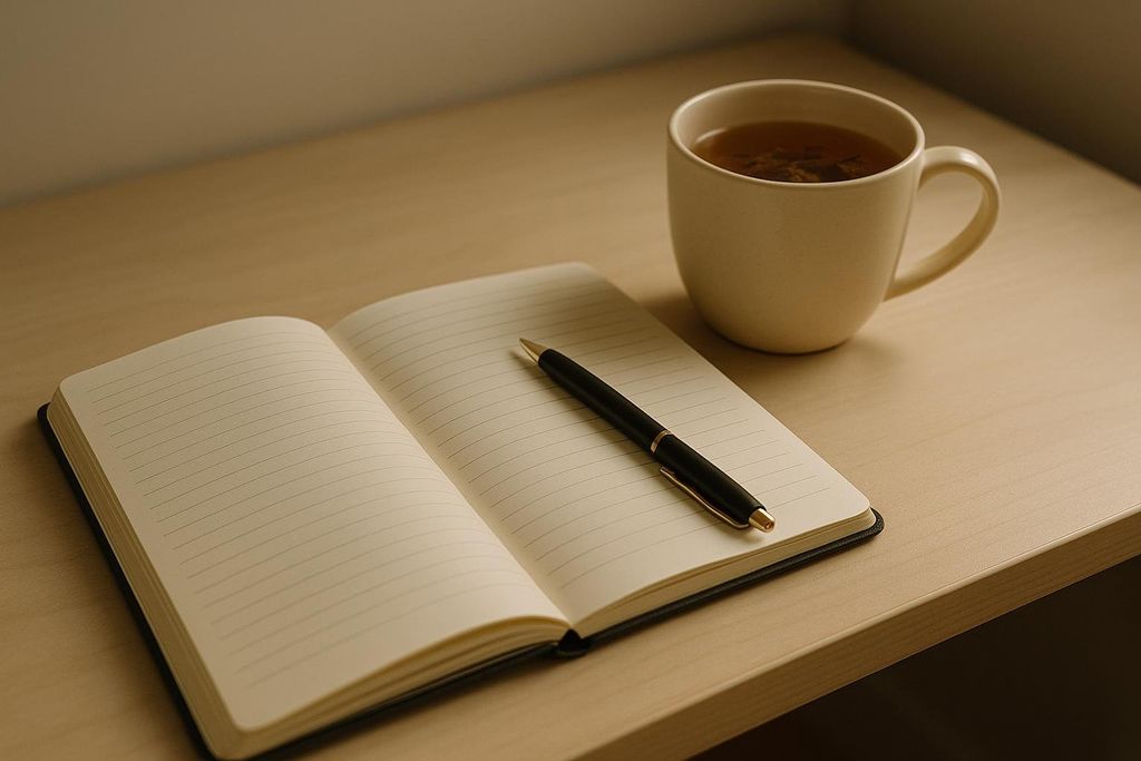 An open journal with a pen resting on its pages is placed on a light wooden desk, next to a mug of tea.